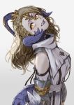  1girl au_ra blonde_hair blue_horns blue_scales blue_tail blue_tongue braid clothing_cutout colored_tongue commentary dragon_girl dragon_horns dragon_tail dress final_fantasy final_fantasy_xiv hair_ornament head_tilt horns long_hair looking_at_viewer low_horns moth_ram original scales shoulder_cutout simple_background solo tail untranslatable_commentary warrior_of_light_(ff14) white_background white_dress yellow_eyes 