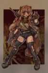  1girl :d absurdres alternate_costume animal_ear_fluff animal_ears ankle_boots aqua_hair artist_name ass assault_rifle belt belt_pouch black_gloves black_shorts black_thighhighs boots border braid breasts brown_background brown_belt brown_boots brown_border brown_hair brown_jacket brown_shirt browning_hi-power commentary cropped_jacket english_commentary explosive facepaint gloves gradient_border green_scarf grenade grey_border grey_outline gun gun_on_back h&amp;k_hk416 hair_between_eyes hair_tubes hand_up handgun highres holding holding_grenade holding_gun holding_weapon injury jacket long_hair looking_at_viewer medium_breasts merchandise_available metal_hair_tubes mk2_grenade open_clothes open_jacket open_mouth outline outside_border paid_reward_available paigeosity pouch raccoon_ears raccoon_girl raccoon_tail raphtalia red_eyes rifle scarf scratches shirt short_shorts short_sleeves shorts skindentation smile sniper_rifle solo tail tanuki tate_no_yuusha_no_nariagari thighhighs tongue torn_clothes torn_thighhighs v-shaped_eyebrows watermark weapon weapon_on_back work_boots zettai_ryouiki 