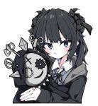  1girl absurdres black_hair black_jacket black_ribbon character_doll closed_mouth collared_shirt commentary_request doll grey_eyes grey_sweater_vest hair_ribbon highres holding holding_doll hood hooded_jacket jacket kei_(k_eii0) kurobe_nanoka looking_at_viewer mahou_shoujo_no_majo_saiban narehate_(mahou_shoujo_no_majo_saiban) neck_ribbon official_alternate_costume ribbon shirt simple_background solo sweater_vest white_background white_shirt 