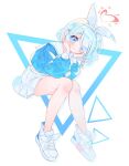  1girl absurdres arona_(blue_archive) bare_legs blue_archive blue_eyes blue_hair blue_pupils blue_shirt blush bow bow_hairband braid closed_mouth colored_inner_hair commentary dot_nose drop_shadow elbow_rest elbows_on_knees english_commentary eyes_visible_through_hair full_body hair_over_one_eye hairband halo head_on_hands head_rest heart heart_halo highres invisible_chair knees_together_feet_apart leaning_forward light_smile long_sleeves looking_at_viewer medium_hair midriff_peek miniskirt multi-source_commentary multicolored_hair no_socks pink_hair pink_halo pleated_skirt sailor_collar sasami_(cho_ge_n_ki) shirt shoes short_braid side_braid simple_background single_braid sitting skirt sneakers solo swept_bangs tareme triangle two-tone_hair white_background white_bow white_hairband white_sailor_collar white_shoes white_skirt 