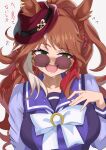  1girl @_@ animal_ears blush bow bowtie breasts brown_hair collarbone commentary_request ears_through_headwear ekazawa_sdvx fang fedora flying_sweatdrops forever_young_(umamusume) green_eyes hat highres horse_ears horse_girl large_breasts long_hair long_sleeves looking_at_viewer multicolored_hair open_mouth purple-tinted_eyewear purple_sailor_collar purple_shirt red-tinted_eyewear red_streaks sailor_collar sailor_shirt school_uniform shirt solo streaked_hair sunglasses sweat tinted_eyewear tracen_school_uniform umamusume upper_body white_bow white_bowtie white_streaks 