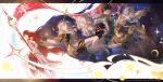  3boys 3girls absurdres black_boots black_gloves black_hair black_jacket black_shirt blue_eyes blue_skirt boots breasts brown_hair cane cape coat commentary dan_heng_(honkai:_star_rail) dan_heng_(hunt)_(honkai:_star_rail) dress english_text epaulettes flag glasses gloves gold_shoes green_eyes grey_hair grey_jacket hair_between_eyes halo halo_behind_head hands_up head_wings high_heel_boots high_heels highres himeko_(honkai:_star_rail) himeko_(nova)_(honkai:_star_rail) holding holding_cane holding_flag holding_polearm holding_weapon honkai:_star_rail honkai_(series) jacket letterboxed long_hair looking_at_another maowvi7 march_7th_(honkai:_star_rail) march_7th_(preservation)_(honkai:_star_rail) medium_breasts multicolored_eyes multiple_boys multiple_girls open_mouth parted_lips pink_eyes pink_hair polearm pumps reaching red_cape red_gloves red_hair shirt shoes single_glove skirt spear spiked_halo star_(sky) starry_sky_background stelle_(honkai:_star_rail) sunday_(honkai:_star_rail) tearing_up the_nameless_(honkai:_star_rail) thigh_strap trailblazer_(honkai:_star_rail) two-tone_eyes untranslatable_commentary weapon welt_yang white_coat white_dress white_shirt white_wings wings yellow_eyes 