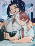  2boys 2girls :o bag between_breasts black_eyes black_hair black_skirt blue_eyes blue_hair blush boku_no_hero_academia breast_awe breasts breasts_on_shoulders brown_eyes burn_scar bursting_breasts classroom clothes_between_breasts clueless covered_nipples dialogue flirting hand_on_another's_shoulder head_on_hand heterochromia highres holding holding_bag holding_pen implied_yuri jiro_kyoka large_breasts looking_at_another looking_at_hand looking_to_the_side mineta_minoru multicolored_hair multiple_boys multiple_girls necktie necktie_between_breasts nipples open_door pen purple_eyes purple_hair red_hair red_nails red_necktie scar school_bag school_uniform see-through_clothes see-through_shirt shirt shoulder_bag skirt todoroki_shoto two-tone_hair u.a._school_uniform vice_ben white_hair white_shirt yaoyorozu_momo 