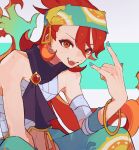  1boy \n/ aqua_hair aqua_hairband aqua_nails aqua_pants azzawia bandaged_arm bandaged_torso bandages bare_shoulders black_scarf bracelet chest_sarashi commentary_request fangs gem gold_bracelet hairband hand_up highres jewelry leaning_forward long_hair looking_at_viewer male_focus midriff_sarashi multicolored_hair nail_polish open_mouth pants prehensile_hair puyopuyo puyopuyo_quest red_eyes red_gem red_hair sarashi scarf sitting smile solo tongue tongue_out two-tone_hair urolo v-shaped_eyebrows very_long_hair 