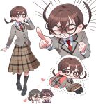  1girl 2boys aijou_rentarou black_hair black_socks blazer bow chibi clenched_hands clenched_teeth closed_eyes commentary_request crying dotted_line double-parted_bangs full_body grey_bow heart holding holding_heart iin_chiyo iin_hiro jacket kanyoko_(yuzukano_17) kimi_no_koto_ga_dai_dai_dai_dai_daisuki_na_100-nin_no_kanojo loafers multiple_boys necktie ohananomitsu_high_school_uniform ohananomitsu_middle_school_uniform peanut_mouth plaid_clothes plaid_skirt pointing red_necktie round_eyewear school_uniform shirt shoes short_twintails simple_background skirt socks symbol-shaped_pupils teeth thick_eyebrows twintails white_shirt 