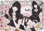  1girl aegyo_sal black_eyes black_hair black_shirt black_skirt blunt_bangs blush bonnet boots border cake cake_slice cat chair closed_mouth commentary cookie cropped_legs dessert eighth_note eyelashes food fork frills fruit halftone halftone_background hand_up happy_birthday highres holding holding_fork holding_umbrella icing invisible_chair jewelry knee_boots knees_together_feet_apart lace lace_border long_hair looking_at_viewer macaron miniskirt multiple_views musical_note necklace original ornate_border outside_border parasol parfait pastry pearl_necklace petals pink_petals plaid_clothes quarter_note ribbon shirt shoes short_sleeves sidelocks sitting sixteenth_note skirt smile socks solo strawberry strawberry_parfait sweets table tiered_tray treble_clef umbrella untranslatable_commentary upper_body white_bonnet white_cat white_socks z_p4e 