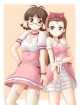  akizuki_ritsuko blush bow brown_eyes brown_hair glasses hair_bow hand_on_hip highres idolmaster idolmaster_(classic) long_hair minase_iori multiple_girls smile thighhighs utomo 