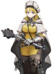  1girl armor belt belt_buckle belt_pouch beret black_belt black_boots black_pantyhose blonde_hair boots breasts brown_eyes buckle cape closed_mouth commentary cowboy_shot expressionless eyelashes fantasy flanged_mace gambeson gauntlets gradient_eyes grey_eyes hair_between_eyes hands_up hat highres holding holding_mace holding_weapon jun_(navigavi) large_breasts long_sleeves looking_at_viewer mace making-of_available medium_hair multicolored_eyes nose original pantyhose pouch shirt simple_background skindentation solo standing taut_clothes taut_shirt thigh_belt thigh_boots thigh_strap vial weapon white_background white_cape white_hat yellow_shirt 
