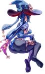  1girl ass black_hair blue_leotard bodystocking breasts commentary feet from_behind full_body fur_collar genshin_impact gold_trim hat highres jewelry leotard long_hair medium_breasts mona_(genshin_impact) sitting soles solo thighlet twintails uenoryoma witch_hat 