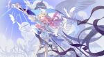  1girl absurdres arm_up bare_legs bird blue_eyes breasts chinese_commentary commentary_request commission detached_sleeves dove dress english_text facial_mark fantasy feet_out_of_frame floating_hair glowing hat highres holding holding_staff long_hair looking_to_the_side mark_under_eye original orro pink_hair puffy_sleeves shako_cap short_dress small_breasts solo staff teardrop_facial_mark watermark white_bird white_dress white_hat 