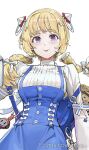  1girl :p aki_rosenthal alternate_costume alternate_hairstyle apple backpack bag basket blonde_hair blue_bag blue_dress blue_skirt blush book bow braid breasts buttons charm_(object) closed_mouth commentary company_name dress eyelashes food fruit hair_ornament hair_ribbon hand_up holding holding_book hololive jun_(navigavi) long_hair long_skirt long_sleeves looking_at_viewer medium_breasts naturally_detached_hair official_art purple_eyes ribbed_shirt ribbon rosen-tai shirt simple_background skirt smile solo standing standing_on_one_leg tongue tongue_out tress_ribbon turtleneck turtleneck_shirt twin_braids twintails upper_body virtual_youtuber watermark white_background white_bow white_shirt wide_sleeves 