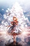  alice_margatroid arm_up banned_artist bird blonde_hair bloomers blue_eyes blue_sky book capelet cloud cloudy_sky cover cover_page doujin_cover dress frilled_dress frills grimoire grimoire_of_alice hand_to_head highres holding holding_book kozou_(soumuden) looking_up md5_mismatch no_socks red_footwear reflection ribbon ripples shoes short_hair sky sleeveless sleeveless_dress solo standing standing_on_liquid touhou underwear 