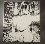  1girl adjusting_hair blush breasts character_request cleavage commentary_request completely_nude copyright_request covering_nipples covering_one_nipple covering_privates hair_behind_ear hair_between_eyes highres long_hair looking_at_viewer meme50 monochrome navel nipples nude open_mouth photo_(medium) ponytail shikishi solo towel traditional_media wading water 