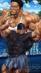  1boy absurdres arm_hair armpit_hair armpit_hair_peek bara beard_stubble biceps black_hair boku_no_hero_academia boxers censored chest_hair commentary_request covered_abs covered_navel covered_nipples covered_pectorals day_and_night double_biceps_pose east_asian facial_hair flexing grin highres knuckle_hair knuckleduster_(boku_no_hero_academia) kuma_gororo leg_hair male_focus male_underwear mosaic_censoring multiple_views muscular muscular_arms muscular_male mustache_stubble pectorals penis penis_peek realistic scar scar_on_face short_hair smile stubble tank_top thighs twitter_username underwear vigilante_-boku_no_hero_academia:_illegals- white_tank_top 