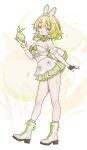  1girl absurdres adoptable animal_ears apple bare_shoulders blonde_hair blush boots bow breasts brown_eyes brown_gloves cleavage commentary creature english_commentary eyelashes fang fingerless_gloves flower food fruit full_body gloves green_bow green_eyes green_hair hair_flower hair_ornament heterochromia highres holding holding_creature leaf miclipse midriff multicolored_hair open_mouth original rabbit_ears rabbit_girl rabbit_tail single_fingerless_glove skin_fang skirt smile solo standing tail two-tone_hair white_background white_boots white_skirt 