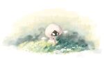  1girl arthropod_girl black_skin blank_eyes bodysuit bug colored_skin firefly flower grass hat highres hollow_knight hollow_knight:_silksong lace_(hollow_knight) mask sitting timmy_longlegs white_bodysuit white_eyes white_flower white_hat 