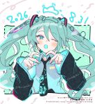  1girl aqua_eyes aqua_hair aqua_shirt black_necktie blue_eyes blush collared_shirt dated detached_sleeves four-finger_heart_hands hair_between_eyes hair_ornament hands_up hatsune_miku heart heart_hands heart_tongue ittokyu long_hair necktie one_eye_closed open_mouth shirt solo tie_clip twintails very_long_hair vocaloid watermark 