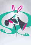  1girl aqua_hair aqua_necktie aqua_trim black_skirt black_thighhighs blending closed_eyes commentary detached_sleeves film_grain glitch grey_background grey_shirt hair_ornament hatsune_miku headphones highres long_hair minimalism necktie red_ribbon red_tattoo ribbon shirt shoulder_tattoo simple_background skirt sleeveless sleeveless_shirt sleeves_past_fingers sleeves_past_wrists solo tattoo thighhighs tiangaii two-sided_fabric two-sided_skirt two-sided_sleeves vocaloid 