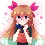  1girl aqua_hair black_shirt blue_gloves blush bow brown_hair commentary_request cropped_shirt fingerless_gloves glasses gloves gradient_hair hair_bow heart looking_at_viewer multicolored_hair ohdo_yuamu open_mouth purple_eyes red-framed_eyewear red_bow red_shirt red_streaks s_ebi shirt single_glove solo streaked_hair two-tone_hair yu-gi-oh! yu-gi-oh!_go_rush!! 