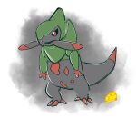  artist_logo black_sclera cheese claws colored_sclera colored_skin food fraxure gotta-draw-em-all-daily green_skin grey_skin highres logo multicolored_skin no_humans pokemon pokemon_(creature) red_eyes solo tail two-tone_skin 