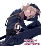  1girl artist_name belt black_coat black_gloves black_pants blonde_hair coat curtained_hair dated diamond_hair_ornament dogeyama_um epaulettes gloves hair_ornament hand_in_own_hair hasumi_leia high_collar highres long_sleeves looking_at_viewer mahou_shoujo_no_majo_saiban pants sash short_hair shoulder_sash signature simple_background sitting solo sword weapon white_background yellow_eyes 