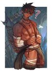  1boy ? animal_penis backpack_basket bandages basket beads brown_hair brown_loincloth choker clenched_hands confused cowboy_shot earrings food fruit green_eyes highres holding_strap horse_penis horse_tail huge_penis huge_testicles jewelry light_frown loincloth looking_at_viewer male_focus muscular muscular_male nipples original outdoors outside_border penis plant pointy_ears precum short_hair signature single_earring solo spiked_hair sweatband tail testicles torn_cloth tree uncensored vegetable yanayaa_a 