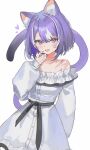  1girl animal_ear_fluff animal_ears arm_behind_back breasts cat_ears cat_girl cat_tail commentary cowboy_shot dot_nose dress fang hand_up heart highres long_sleeves looking_at_viewer multicolored_hair open_mouth original parted_bangs puffy_sleeves purple_eyes purple_hair raised_eyebrows side_part sidelocks simple_background small_breasts smile solo strapless strapless_dress streaked_hair tail two-tone_hair untranslatable_commentary white_background white_dress white_streaks yuniiho 