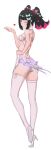  1girl absurdres ass bailandsnq bare_shoulders black_hair blowing_kiss blush bow breasts colored_inner_hair commentary cosplay dress from_behind full_body green_bow hair_bow hair_ornament hand_on_own_hip heart high_heels highres looking_at_viewer multicolored_hair nangong_yu one_eye_closed pink_hair red_eyes remielle_dan remielle_dan_(cosplay) scar scar_on_back shoes simple_background small_breasts solo thighhighs twintails white_background white_thighhighs zenless_zone_zero 