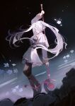  1girl absurdres closed_eyes closed_mouth commentary elf frieren highres holding holding_staff long_hair mage_staff pointy_ears solo sousou_no_frieren staff twintails white_hair winterrlark 