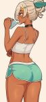  1girl aqua_shorts armpit_crease artist_name ass back bare_shoulders black_choker blonde_hair blush breasts camisole choker closed_mouth coffee_mug colored_eyelashes commentary cowboy_shot crop_top cup dark-skinned_female dark_skin dimples_of_venus dolphin_shorts earrings english_commentary flower_hairclip from_behind ginotty green_eyes hair_bun hair_ornament hand_up highres holding holding_cup jewelry leaf_hair_ornament median_furrow mira_soleil_(ginotty) mole mole_on_neck mug multicolored_eyes original shorts shoulder_blades simple_background single_hair_bun smile solo taut_clothes taut_shorts thighs two-tone_eyes white_background white_camisole yellow_eyes 