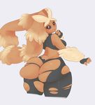  2014 anthro big_butt blush breasts brown_fur butt clothed clothing female fur huge_butt lagomorph legwear long_ears looking_back lopunny mammal mega_evolution mega_lopunny nintendo pok&eacute;mon rabbit red_eyes solo stockings sundown_(artist) thick_thighs tight_clothing torn_clothing video_games wide_hips 