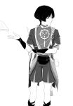  1boy armor blunt_ends bodysuit closed_eyes closed_mouth covered_collarbone expressionless furisode genshin_impact greyscale hand_on_own_elbow hand_up highres japanese_armor japanese_clothes jewelry juban kimono kote kusazuri layered_shorts layered_sleeves looking_to_the_side male_focus mandarin_collar mitsudomoe_(shape) monochrome neck_ring o-ring open_clothes open_hand open_kimono paper rope sash scaramouche_(genshin_impact) scaramouche_(harbinger)_(genshin_impact) shimenawa short_sleeves shorts solo tassel te1081 tomoe_(symbol) tsurime twitter_username upper_body wispy_bangs 
