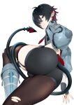  1boy absurdres ass black_hair boots commentary_request fingerless_gloves garter_straps genderswap genderswap_(ftm) gloves green_eyes green_jacket hair_over_one_eye high-waist_shorts highres jacket jane_doe_(zenless_zone_zero) john_doe_(zenless_zone_zero)_(scopeophilia) male_focus mouse_boy pantyhose red_nails shorts simple_background single_garter_strap single_leg_pantyhose smile solo tail tail_around_own_leg tawapo torn_clothes torn_pantyhose trap zenless_zone_zero 