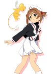  1girl :3 absurdres antenna_hair beret black_shirt brown_hair cardcaptor_sakura creature frilled_skirt frills green_eyes hair_bobbles hair_intakes hair_ornament hat highres kero_(cardcaptor_sakura) kinomoto_sakura light_blush long_sleeves looking_at_another pigeon-toed rytoua318 sailor_collar school_uniform serafuku shirt short_hair simple_background skirt smile solo tomoeda_elementary_school_uniform turtleneck turtleneck_shirt two_side_up white_background white_hat white_sailor_collar white_skirt wings 