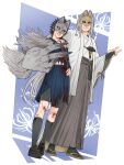  2boys black_hair black_shoes black_socks blue_serafuku blue_skirt bruise bruise_on_knee bruise_on_leg commentary cosplay crisis_core:_final_fantasy_vii crylin6 final_fantasy final_fantasy_vii fox_hinako fox_mask fox_mask_(silent_hill) fox_mask_(silent_hill)_(cosplay) full_body grey_hair grey_hakama hakama hakama_pants highres injury japanese_clothes kimono looking_at_viewer male_focus mask multiple_boys pants parted_lips sandals school_uniform sephiroth serafuku shimizu_hinako shimizu_hinako_(cosplay) shoes short_hair silent_hill_(series) silent_hill_f skirt socks spiked_hair standing torn_clothes v white_kimono zack_fair 