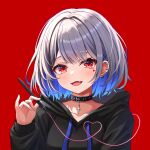  1girl :3 belt belt_collar black_belt black_hoodie blue_hair collar colored_inner_hair commentary_request drawstring ear_piercing facial_mark fang grey_hair hair_intakes hal_(haldayo913) heart heart_facial_mark highres holding holding_stylus hood hoodie multicolored_hair original parted_lips piercing red_background short_hair sidelocks simple_background skin_fang smile solo stylus two-tone_hair upper_body 