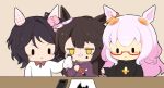  3girls :o animal_ears biwa_hayahide_(umamusume) black_hair black_shirt blunt_bangs blush calligraphy_brush chibi chibi_only collared_shirt commentary_request glasses gomashio_(goma_feet) holding holding_calligraphy_brush holding_paintbrush horse_ears horse_girl jitome long_hair long_sleeves multiple_girls narita_brian_(umamusume) open_mouth paintbrush parted_lips phalaenopsis_(umamusume) pink_hair purple_shirt red-framed_eyewear semi-rimless_eyewear shirt simple_background single_hair_intake umamusume umamusume_horse_relations under-rim_eyewear upper_body white_shirt wiping yellow_background yellow_eyes 