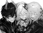  1boy 2girls absurdres blush buttons chinese_clothes closed_eyes closed_mouth clothing_cutout collarbone commentary_request crying dan_heng_(honkai:_star_rail) dan_heng_(permansor_terrae)_(honkai:_star_rail) dragon_boy dragon_horns dress evernight_(honkai:_star_rail) eyelashes eyeliner flower flower_ornament gloves greyscale hair_between_eyes hair_flower hair_ornament hair_tubes hand_on_another's_back hand_on_another's_head hand_up happy highres honkai:_star_rail honkai_(series) horns hug ieririr jacket lapels leather leather_gloves long_hair long_sleeves looking_at_another low_ponytail makeup march_7th_(honkai:_star_rail) monochrome multiple_girls one_eye_closed open_mouth pointy_ears ponytail shirt sidelocks simple_background single_hair_tube smile sparkle stelle_(honkai:_star_rail) teeth the_nameless_(honkai:_star_rail) trailblazer_(honkai:_star_rail) turtleneck turtleneck_dress turtleneck_shirt two-tone_dress upper_body zipper 