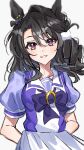  1girl animal_ears asahina_(asahina_0428) black_hair blush bow bowtie breasts commentary_request genuine_(umamusume) hair_between_eyes highres horse_ears horse_girl long_hair looking_at_viewer medium_breasts open_mouth pleated_skirt puffy_short_sleeves puffy_sleeves purple_bow purple_bowtie purple_eyes purple_shirt sailor_collar sailor_shirt school_uniform shirt short_sleeves simple_background skirt smile solo summer_uniform tracen_school_uniform umamusume white_background white_sailor_collar white_skirt 