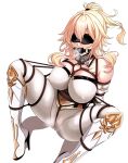  1girl absurdres arms_behind_back ball_gag bdsm blindfold blonde_hair bondage bound breast_bondage breasts cameltoe clenched_teeth commentary covered_nipples crotch_rope edenmaniac english_commentary frogtie gag gagged genshin_impact highres jean_(genshin_impact) large_breasts paid_reward_available ponytail restrained rope shibari simple_background solo teeth white_background 
