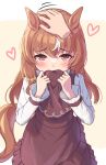  1girl 1other absurdres animal_ears blush breasts brown_dress brown_hair brown_veil casual closed_mouth commentary_request disembodied_hand dress hair_between_eyes headpat heart highres holding_veil horse_ears horse_girl horse_tail long_hair long_sleeves looking_at_viewer multicolored_hair red_eyes shirt solo_focus still_in_love_(casual)_(umamusume) still_in_love_(umamusume) streaked_hair tail taro_yokayoka umamusume veil white_shirt 