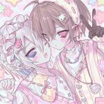  2boys :o ahoge bead_necklace beads black_gloves blue_eyes blush_stickers bow brown_hair buttons cat_hair_ornament cheek-to-cheek crossed_bangs dutch_angle fang food-themed_hair_ornament frilled_hairband frills girly_boy gloves hair_between_eyes hair_intakes hair_ornament hairband hairclip hand_up heads_together heart highres jacket jewelry juju_(ccllrr) long_sleeves male_focus mole mole_on_neck mole_under_each_eye mole_under_eye multiple_boys multiple_moles necklace one_eye_closed original pastel_colors patchwork_clothes pink_background pink_bow pink_shirt portrait red_eyes shirt short_hair sleeves_past_wrists star_(symbol) strawberry_hair_ornament tamagotchi tamagotchi_plus v very_short_hair virtual_pet_(toy) white_hair white_hairband white_shirt yellow_jacket yume_kawaii 