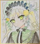  1girl absurdres artist_name black_capelet black_flower black_rose blonde_hair bonnet capelet closed_mouth commentary_request flower furrowed_brow green_bonnet green_eyes hair_flower hair_ornament highres long_hair looking_at_viewer mahou_shoujo_no_majo_saiban portrait rose segawa_luna shikishi signature simple_background solo tono_hanna traditional_media tulip twintails v-shaped_eyebrows white_background white_flower white_rose white_tulip winged_hat yellow_flower yellow_rose 