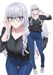  1girl adjusting_eyewear ak-12_(girls'_frontline) alternate_costume asakiri_koko bespectacled black_shirt blunt_bangs bracelet breasts bright_pupils closed_eyes closed_mouth commentary_request cropped_torso denim full_body girls'_frontline girls'_frontline_2:_exilium glasses hand_on_eyewear hand_on_own_hip highres jeans jewelry koleda_(girls'_frontline_2) leaning_forward long_hair long_sidelocks long_sleeves looking_at_viewer multiple_views pants shirt shirt_tucked_in shoes short-sleeved_sweater short_sleeves sidelocks simple_background smile sneakers solo standing sweater very_long_hair white_background white_hair white_pupils white_shoes 