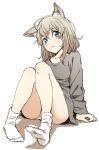  1girl ahoge animal_ear_fluff animal_ears aqua_eyes blonde_hair blush cat_ears grey_shirt highres kubikiri medium_hair original panties pantyshot shirt simple_background sitting socks solo underwear white_background white_panties 