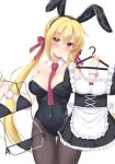  1girl alternate_costume animal_ear_hairband animal_ears apron arihara_nanami ass_visible_through_thighs bare_shoulders between_breasts bikini black_dress black_hair black_hairband black_leotard black_pantyhose blush bow braid breasts closed_mouth clothes_between_breasts clothes_hanger commentary_request cover cover_page covered_navel cowboy_shot detached_collar doujin_cover dress eyes_visible_through_hair fake_animal_ears frilled_apron frills full-body_clothes_hanger groin hair_between_eyes hair_bow hair_ribbon hairband hands_up highleg highleg_leotard highres holding holding_clothes_hanger holding_unworn_clothes holding_unworn_dress large_breasts leotard long_hair looking_at_viewer low_twintails maid_apron necktie necktie_between_breasts pantyhose playboy_bunny puffy_short_sleeves puffy_sleeves rabbit_ear_hairband rabbit_ears red_bow red_eyes red_necktie red_ribbon ribbon riddle_joker short_sleeves side-tie_bikini_bottom side_braid sidelocks simple_background solo standing strapless strapless_leotard string_bikini swimsuit thigh_gap twintails unworn_apron unworn_bikini unworn_bikini_bottom unworn_bikini_top unworn_dress very_long_hair white_apron white_background white_wrist_cuffs wrist_cuffs yuunagi_(yunagi1373) 