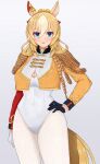  1girl adapted_costume aiguillette animal_ears asymmetrical_gloves black_gloves blonde_hair blue_eyes blush breasts cleavage commentary_request covered_navel cropped_jacket durandal_(chevalier_fidele)_(umamusume) durandal_(umamusume) ear_covers epaulettes fourragere gloves hair_between_eyes hair_ornament hand_on_own_hip highres horse_ears horse_girl horse_tail jacket large_breasts leotard long_hair looking_at_viewer m172/minatsu medium_breasts mismatched_gloves multicolored_hair open_mouth ponytail simple_background single_ear_cover smile solo streaked_hair tail two-tone_hair umamusume white_background white_gloves white_hair white_leotard yellow_jacket 