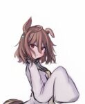 1girl :< agnes_tachyon_(tach-nology)_(umamusume) agnes_tachyon_(umamusume) ahoge animal_ears black_necktie black_shirt brown_hair closed_mouth coat collared_shirt commentary_request earrings ears_down from_side hair_between_eyes highres horse_ears horse_girl horse_tail jewelry lab_coat long_sleeves looking_at_viewer messy_hair necktie open_clothes pout red_eyes ropen_yoji shirt short_hair simple_background single_earring sleeves_past_fingers sleeves_past_wrists solo sweater sweater_vest tail teardrop umamusume upper_body v-shaped_eyebrows white_background white_coat yellow_sweater yellow_sweater_vest 