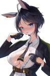  1girl absurdres ahoge animal_ears belt black_gloves black_hair black_jacket black_necktie blue_eyes blush breasts brown_belt center_frills center_opening cleavage collared_shirt frills fuji_kiseki_(shooting_star_revue)_(umamusume) fuji_kiseki_(umamusume) gloves highres horse_ears horse_girl jacket large_breasts long_sleeves looking_at_viewer multicolored_hair necktie no_bra parted_lips remirii shirt short_hair simple_background solo sweat umamusume upper_body wet wet_clothes wet_shirt white_background white_shirt 