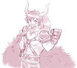  1boy abs caydeus clenched_hand commentary cowboy_shot fake_horns gloves hand_on_own_hip horns male_focus monkey_d._luffy monochrome o-ring one_piece scar scar_on_face short_hair shoulder_pads simple_background solo 